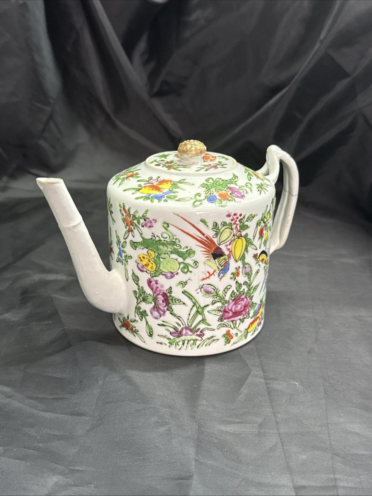 Antique Chinese Porcelain Teapot with Lid Cantonese Famile Rose 19th Century