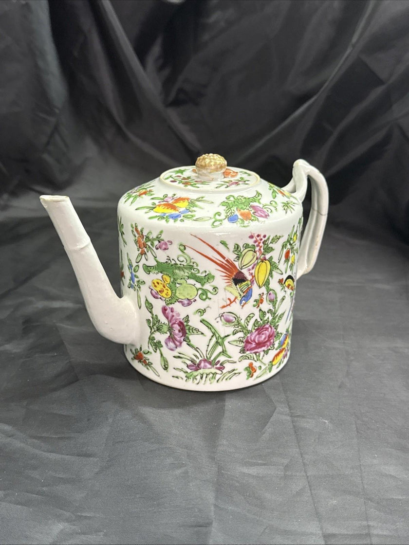 Antique Chinese Porcelain Teapot with Lid Cantonese Famile Rose 19th Century