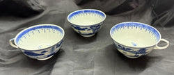 Antique Set 3 Chinese Export Blue & White Canton Pattern Porcelain Tea Cups Rare