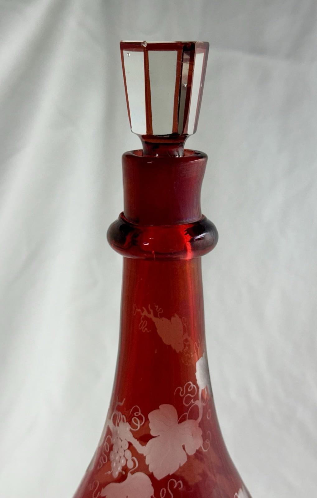 Antique Bohemian Czech Engraved Ruby Blown Glass Decanter & Stopper 19th Century