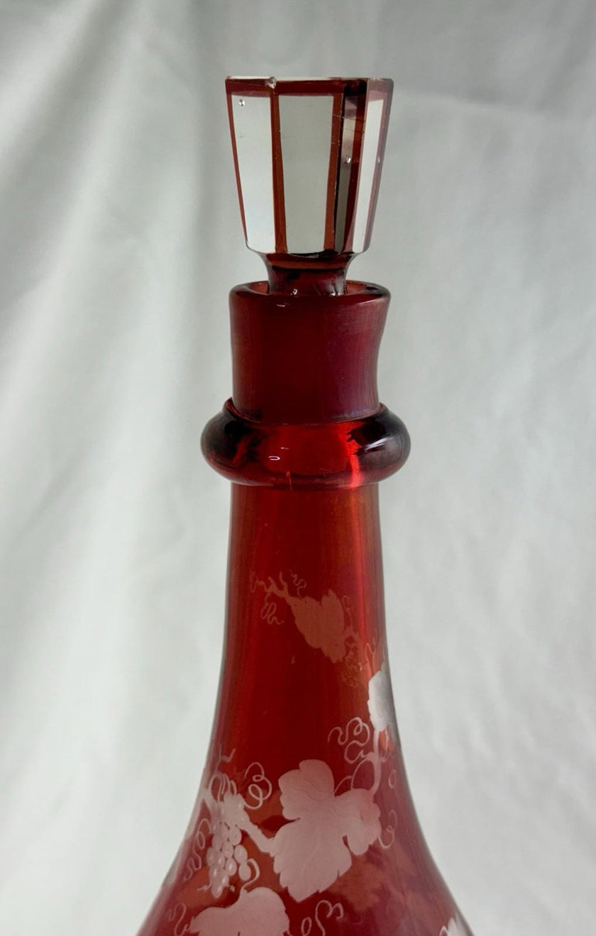 Antique Bohemian Czech Engraved Ruby Blown Glass Decanter & Stopper 19th Century