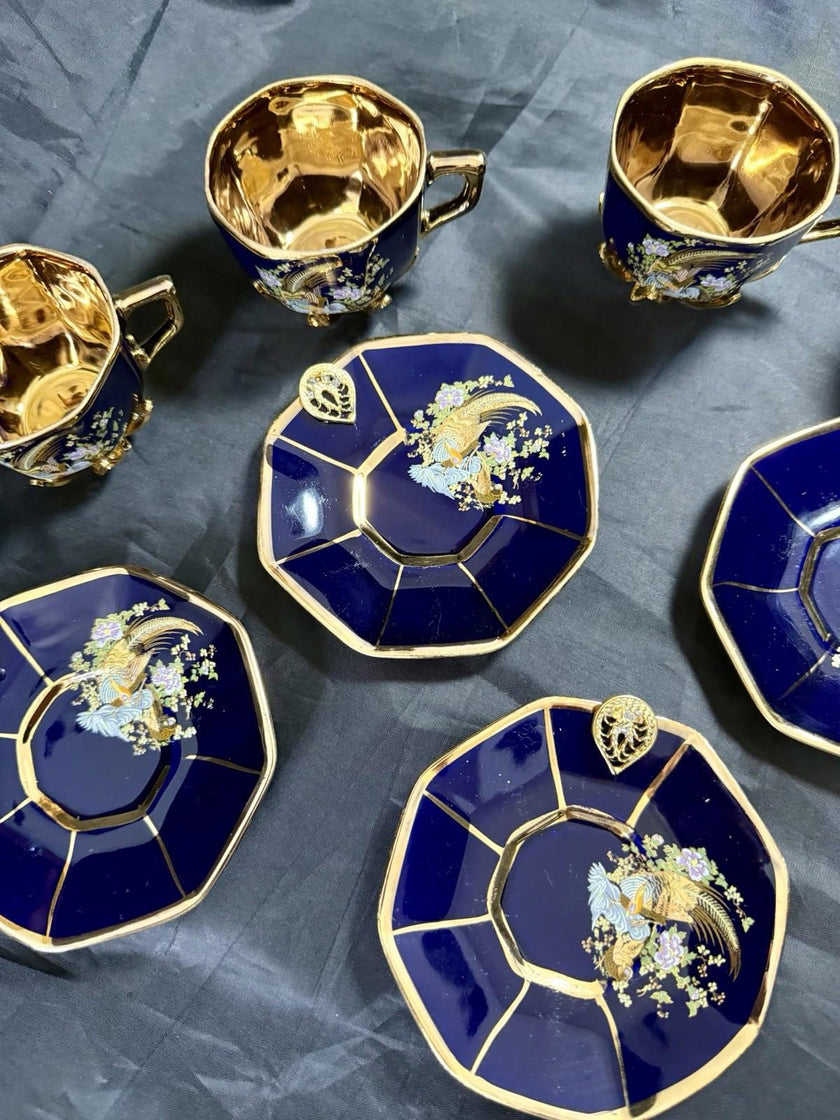 Set of 5 Royal Linoj Seckin Limoges Cobalt Blue 24K Gold Demitasse Cups Saucers