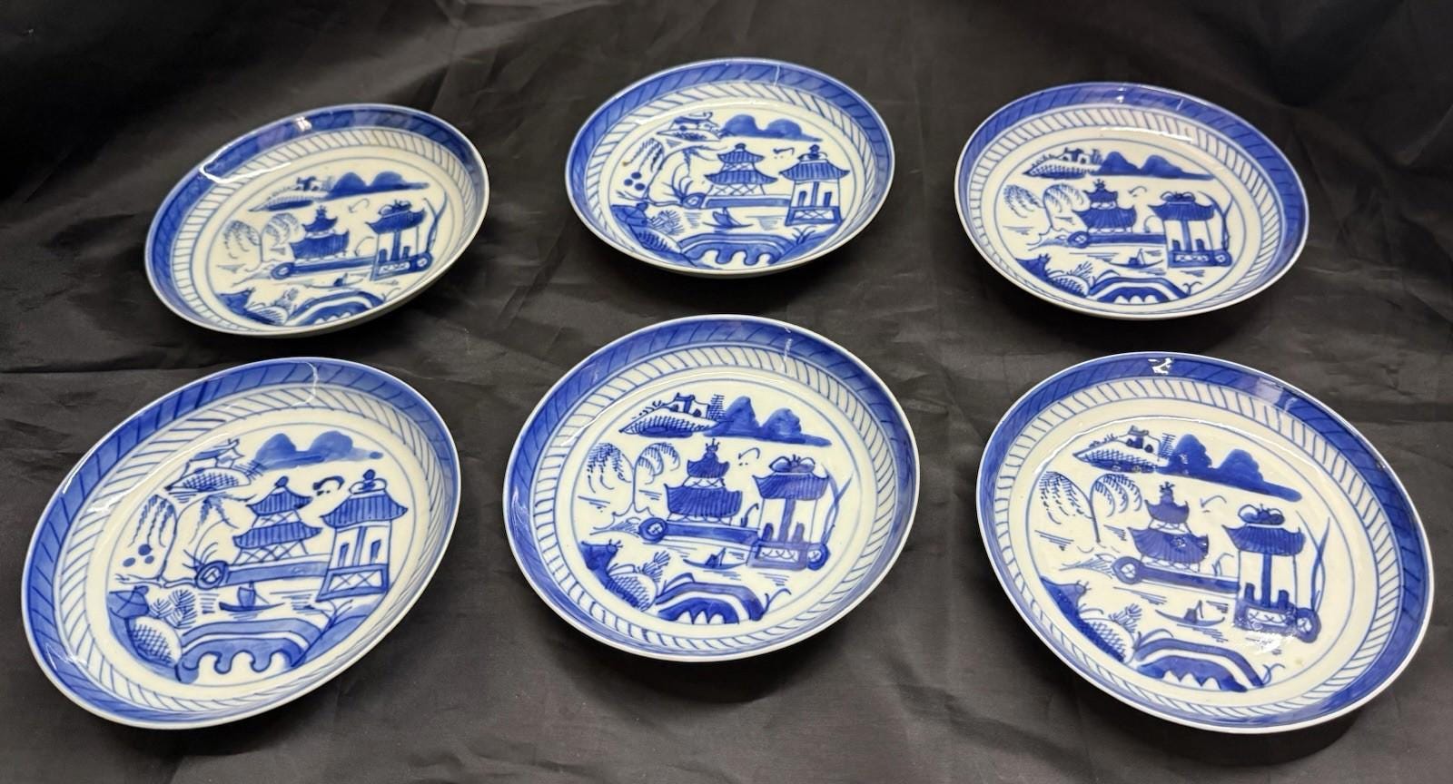 Antique Set Of 6 Chinese Export Canton Blue and White Plates 6” High Rim RARE!