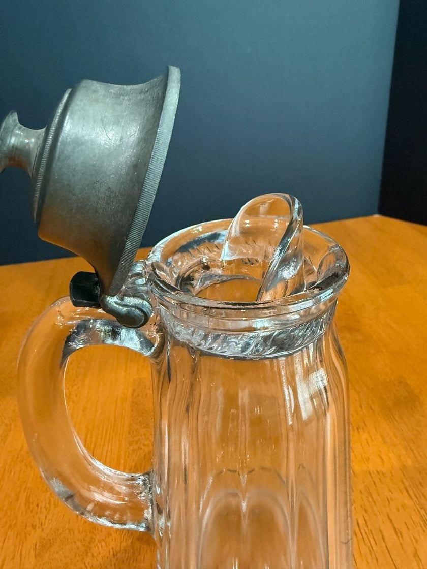 Vintage Glass Syrup Pitcher Metal Flip-Top Lid Vertical Ribbed Design