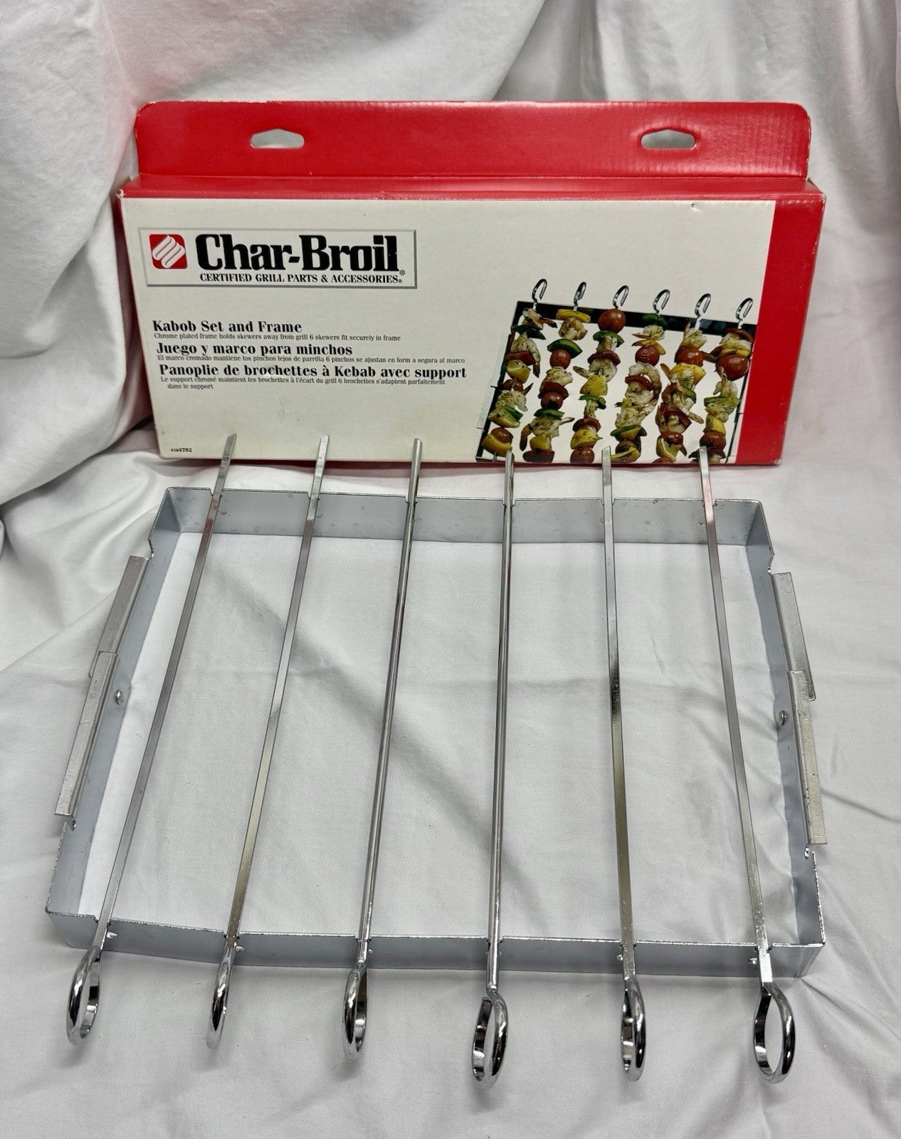 Vintage Kabob Set by Char-Broil Grilling Chrome Skewers Set of 6 and Frame & Box
