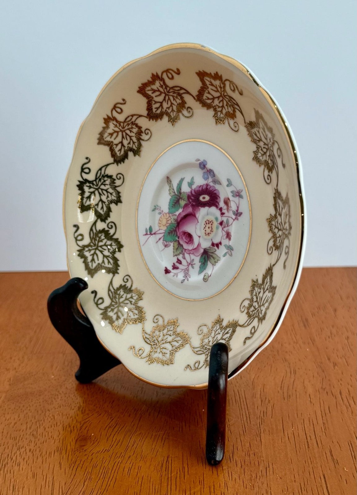 Vintage Foley EB Bone China Saucer Floral Center with Gold Gilt Grapevine Border