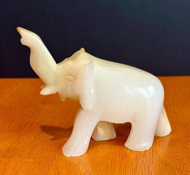 Vintage Hand-Carved Banded White Onyx Elephant Figurine Trunk Up Luck Stone