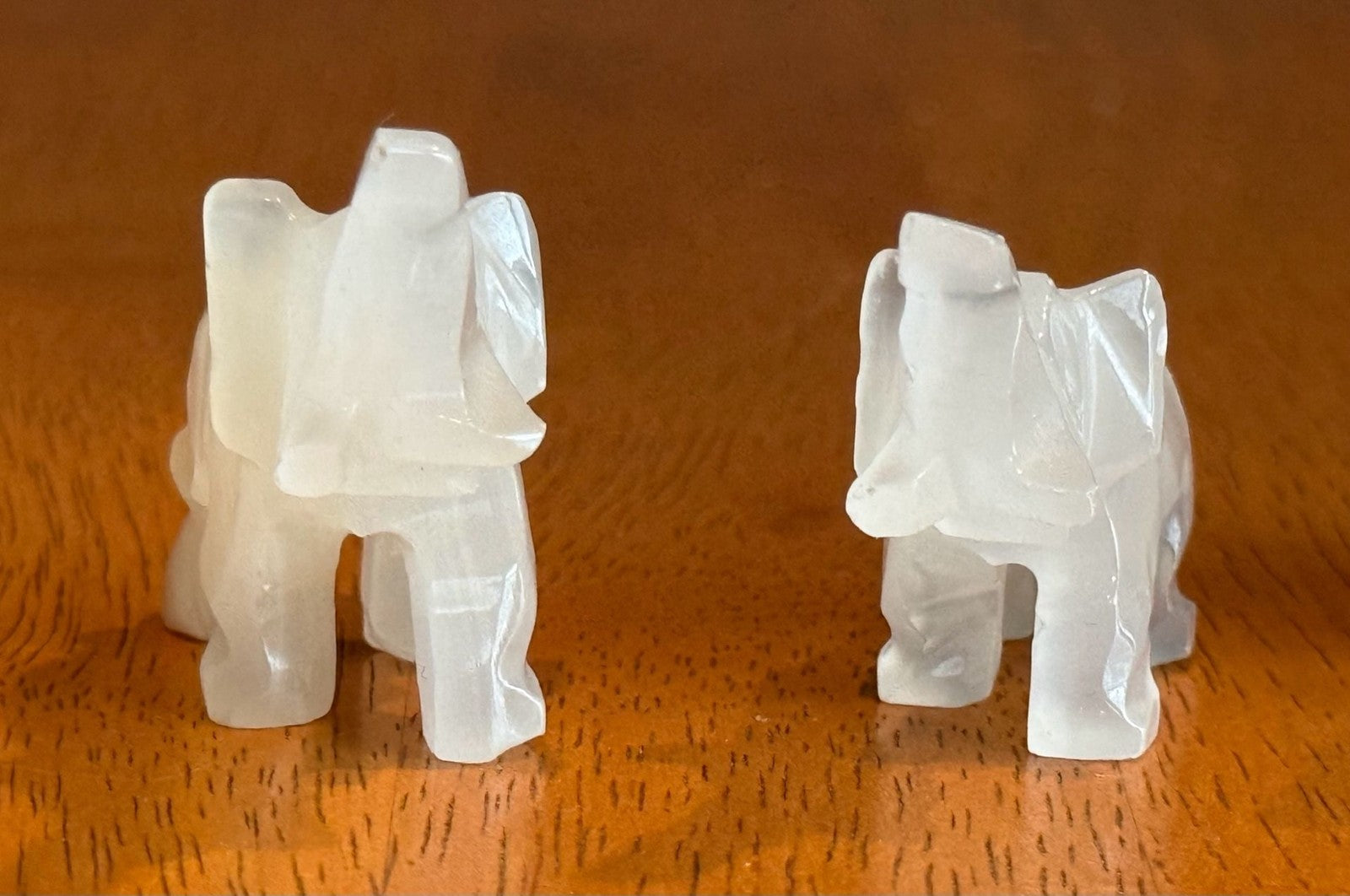 Set of 4 Vintage Hand Carved White Onyx Stone Elephant Figurines Raised Trunk