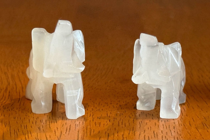 Set of 4 Vintage Hand Carved White Onyx Stone Elephant Figurines Raised Trunk