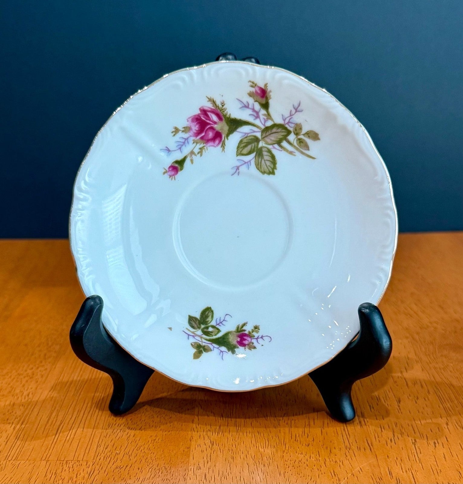 Vintage Moss Rose Porcelain Saucer with Gold Trim by Japan Fine China