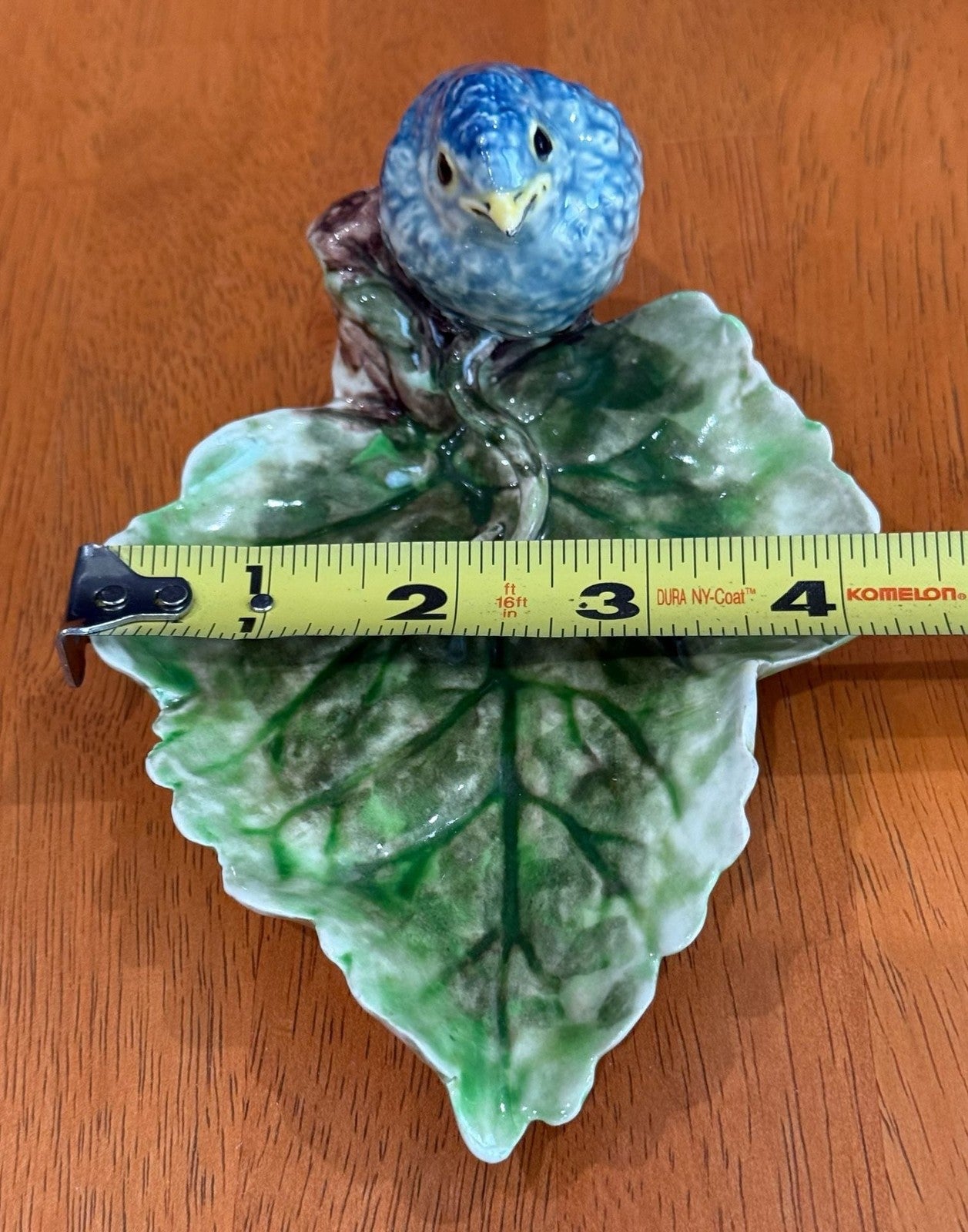 Vintage Freeman-Leidy Laguna Beach CA Majolica Green Leaf Trinket Dish Blue Bird