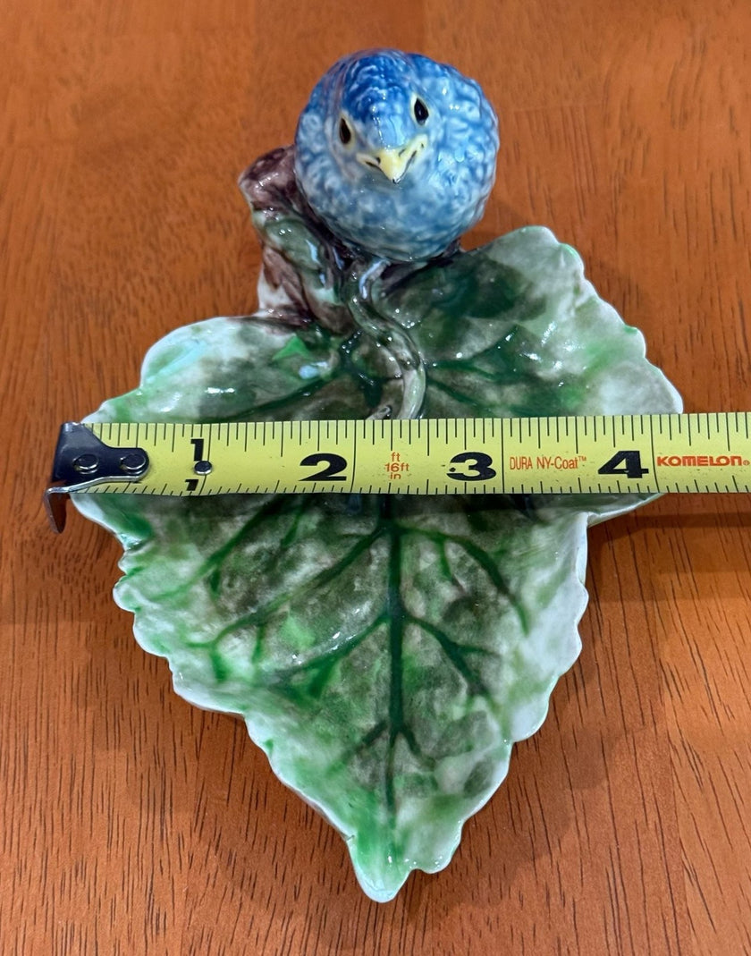 Vintage Freeman-Leidy Laguna Beach CA Majolica Green Leaf Trinket Dish Blue Bird