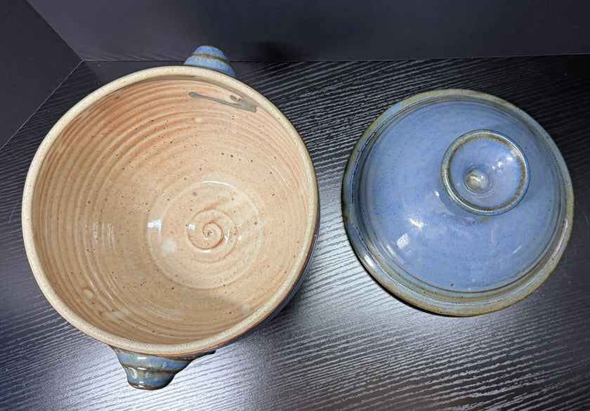 Vintage Earthenware Handmade Stoneware Pottery Lidded Crock Artisan Blue Brown
