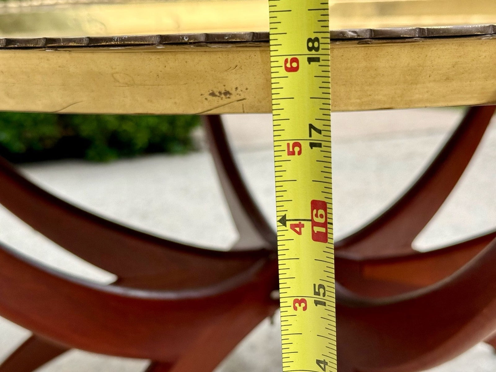 Vintage Mid-Century Brass Engraved Blessing Tray Table with Mahogany Folding Base