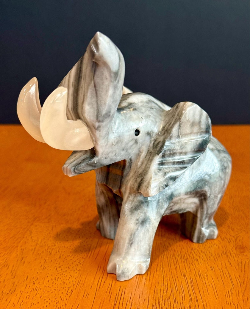 Vintage Hand-Carved Grey Marbled Onyx Elephant Figurine Good Luck Trunk Up