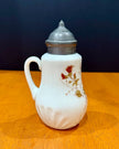 Vintage Milk Glass Floral Pattern Syrup Pitcher Hinged Metal Lid
