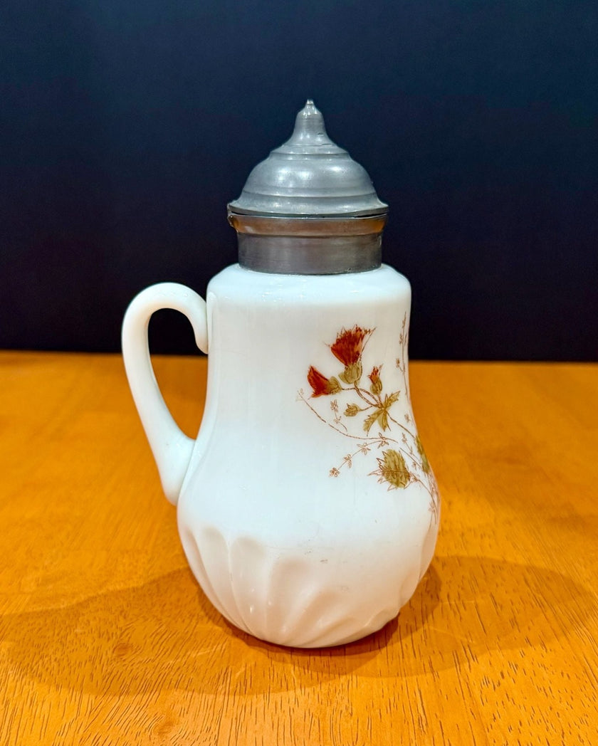 Vintage Milk Glass Floral Pattern Syrup Pitcher Hinged Metal Lid