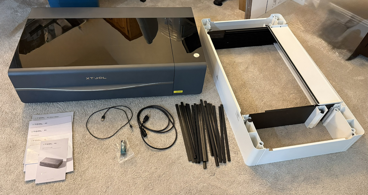 xTool P2 55W Desktop CO2 Laser Cutter with Honeycomb Base and Riser Unit
