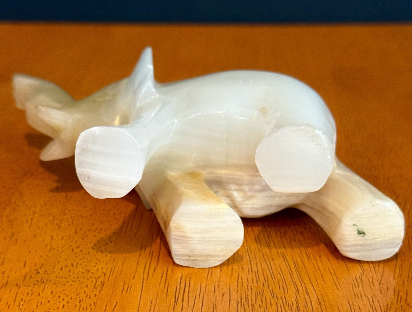 Vintage Hand-Carved Banded White Onyx Elephant Figurine Trunk Up Luck Stone