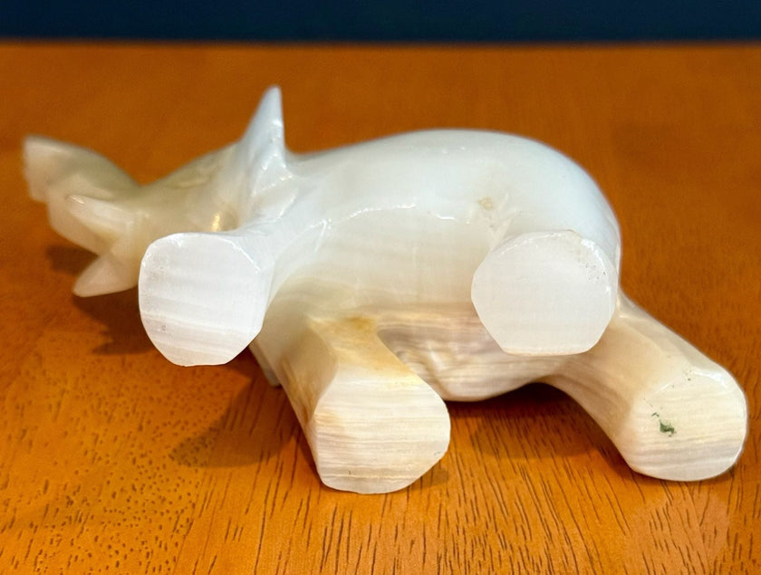 Vintage Hand-Carved Banded White Onyx Elephant Figurine Trunk Up Luck Stone