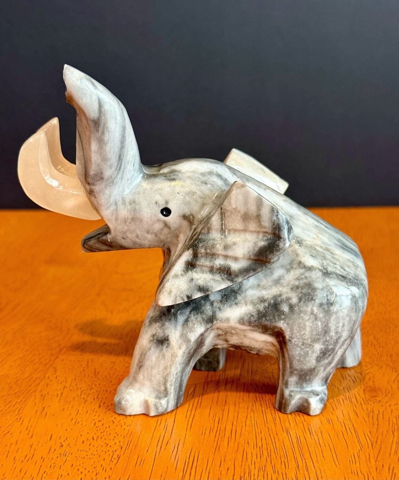Vintage Hand-Carved Grey Marbled Onyx Elephant Figurine Good Luck Trunk Up