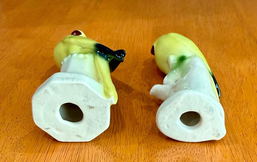Vintage Set of 2 Yellow Parakeet Birds on Perches Ceramic Figurines