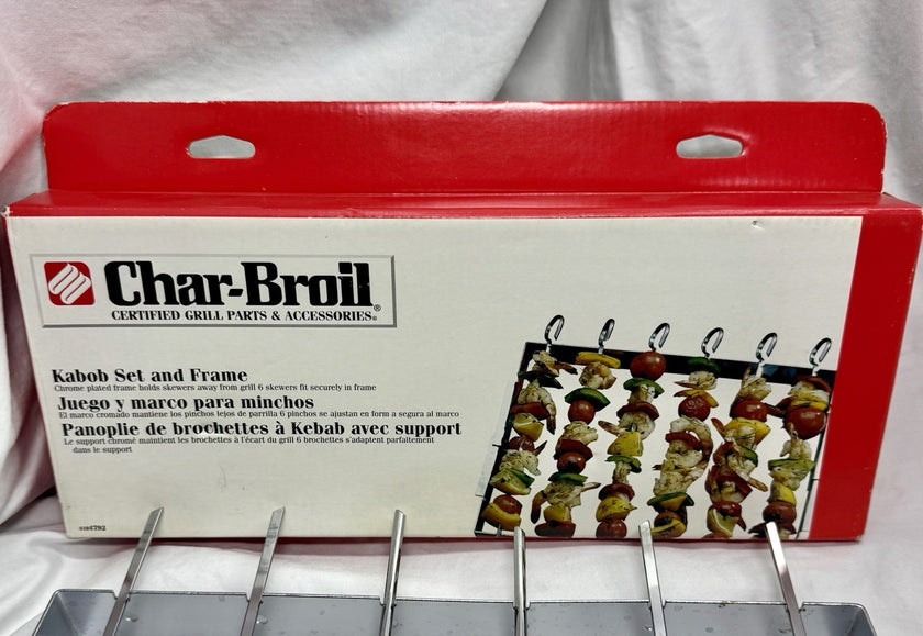 Vintage Kabob Set by Char-Broil Grilling Chrome Skewers Set of 6 and Frame & Box
