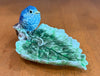 Vintage Freeman-Leidy Laguna Beach CA Majolica Green Leaf Trinket Dish Blue Bird
