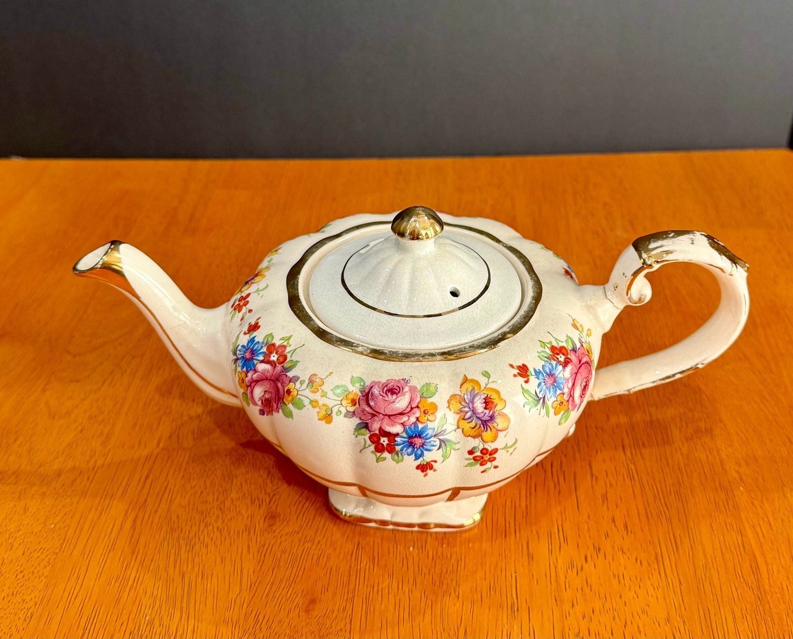Vintage Arthur Wood Floral Design Teapot with Gold Trim #4549 Repaired