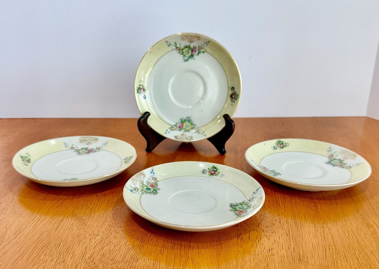 Set of 4 Vintage Hand Painted Floral Porcelain Saucers Made in Occupied Japan