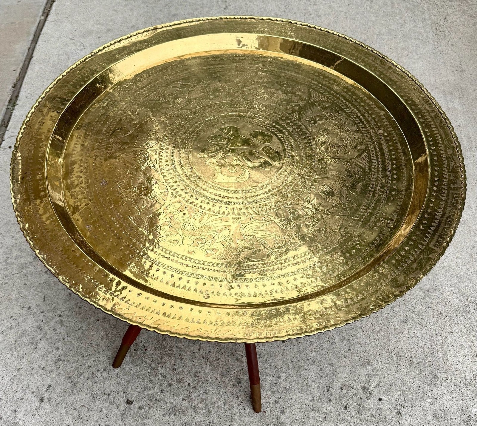 Vintage Mid-Century Brass Engraved Blessing Tray Table with Mahogany Folding Base