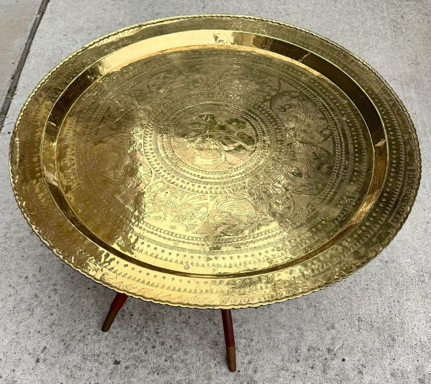 Vintage Mid-Century Brass Engraved Blessing Tray Table with Mahogany Folding Base