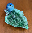 Vintage Freeman-Leidy Laguna Beach CA Majolica Green Leaf Trinket Dish Blue Bird