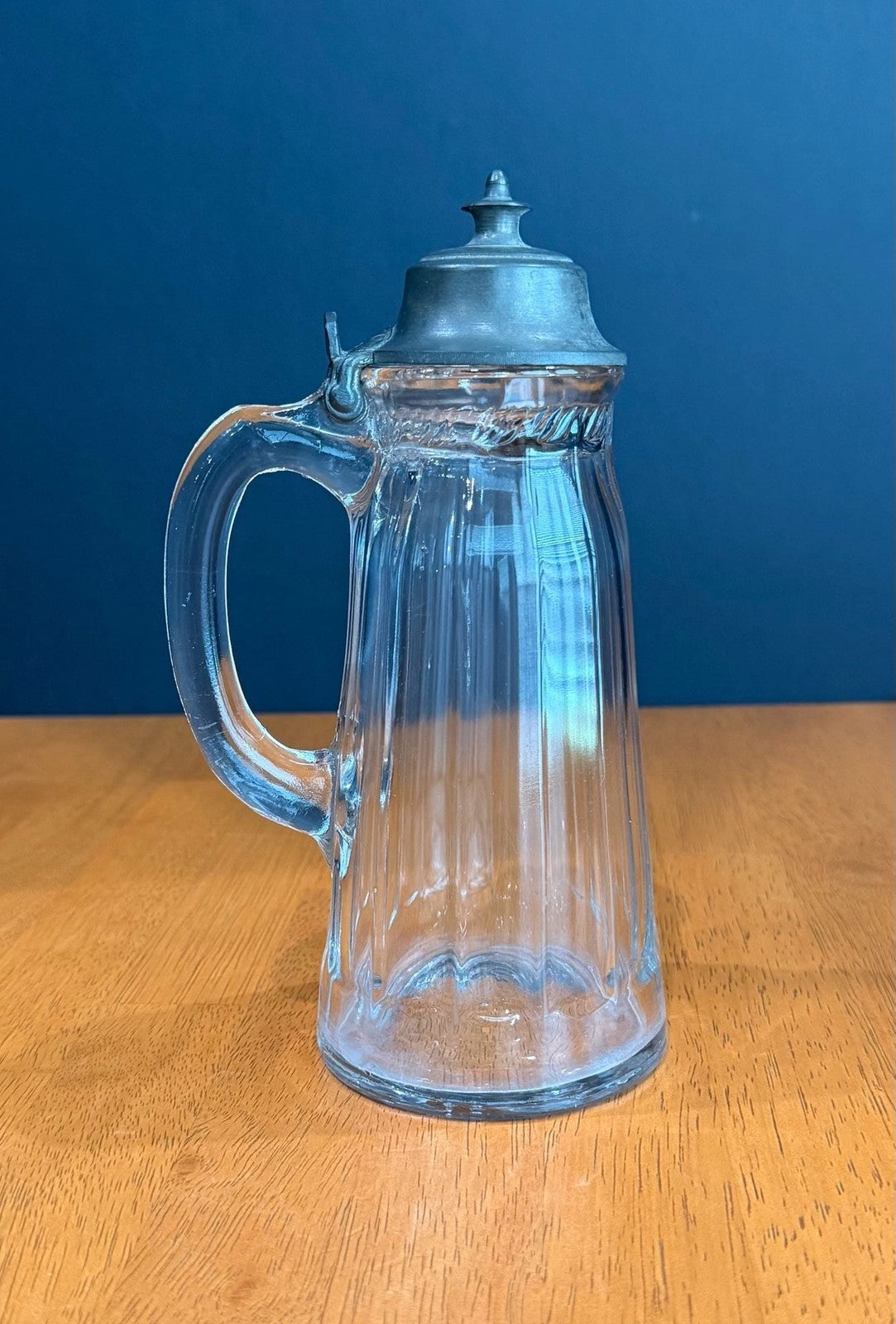 Vintage Glass Syrup Pitcher Metal Flip-Top Lid Vertical Ribbed Design
