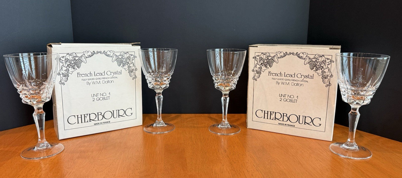 Vintage W M Dalton Cherbourg French Lead Crystal Goblets Set of 4 Original Boxes