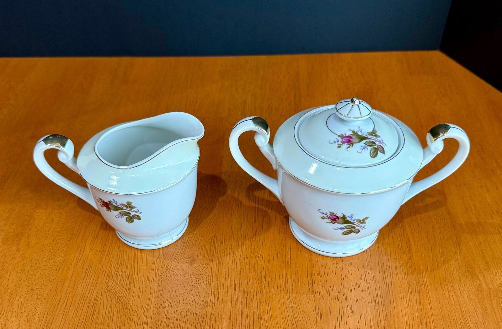 Vintage Fine China Made in Japan Moss Rose Creamer with Sugar Bowl & Lid Set