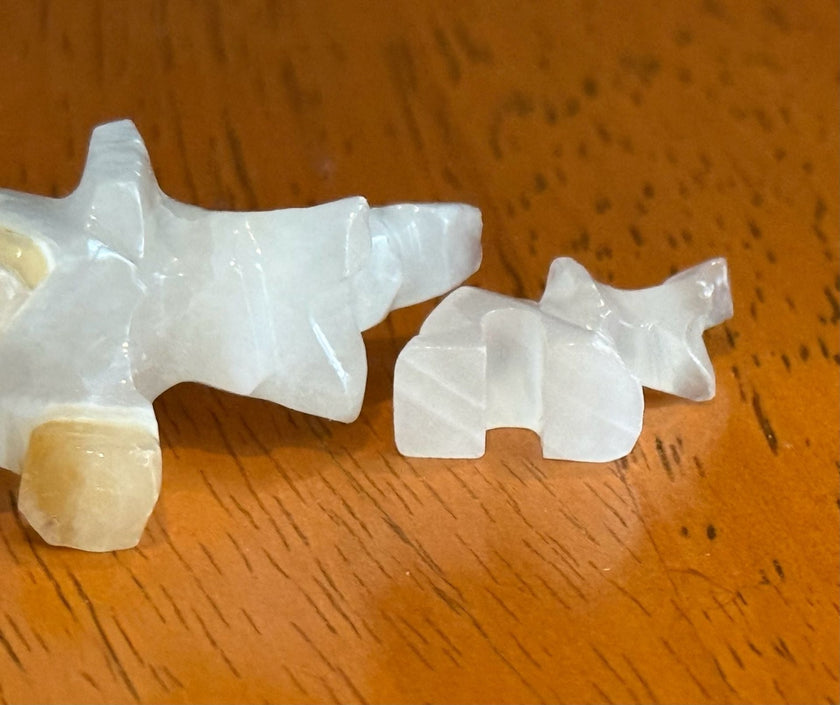 Set of 4 Vintage Hand Carved White Onyx Stone Elephant Figurines Raised Trunk