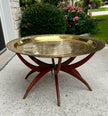 Vintage Mid-Century Brass Engraved Blessing Tray Table with Mahogany Folding Base
