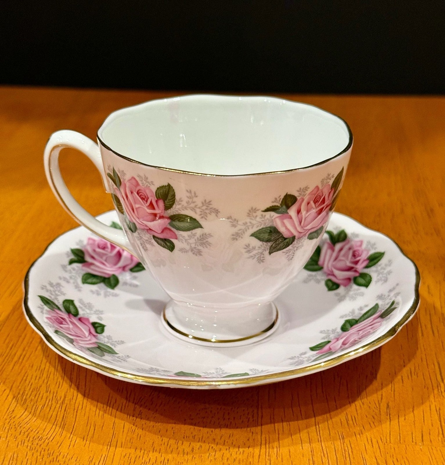 Vintage Colclough English Bone China Teacup & Saucer Pink Rose Floral Gold Trim