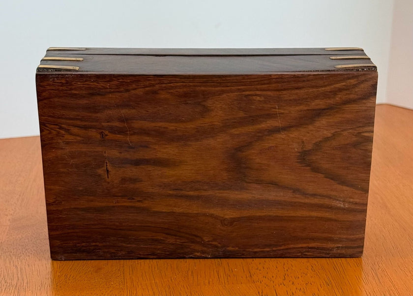 Vintage Hand Carved Wooden Jewelry Box with Brass Elephant Inlay 8x5