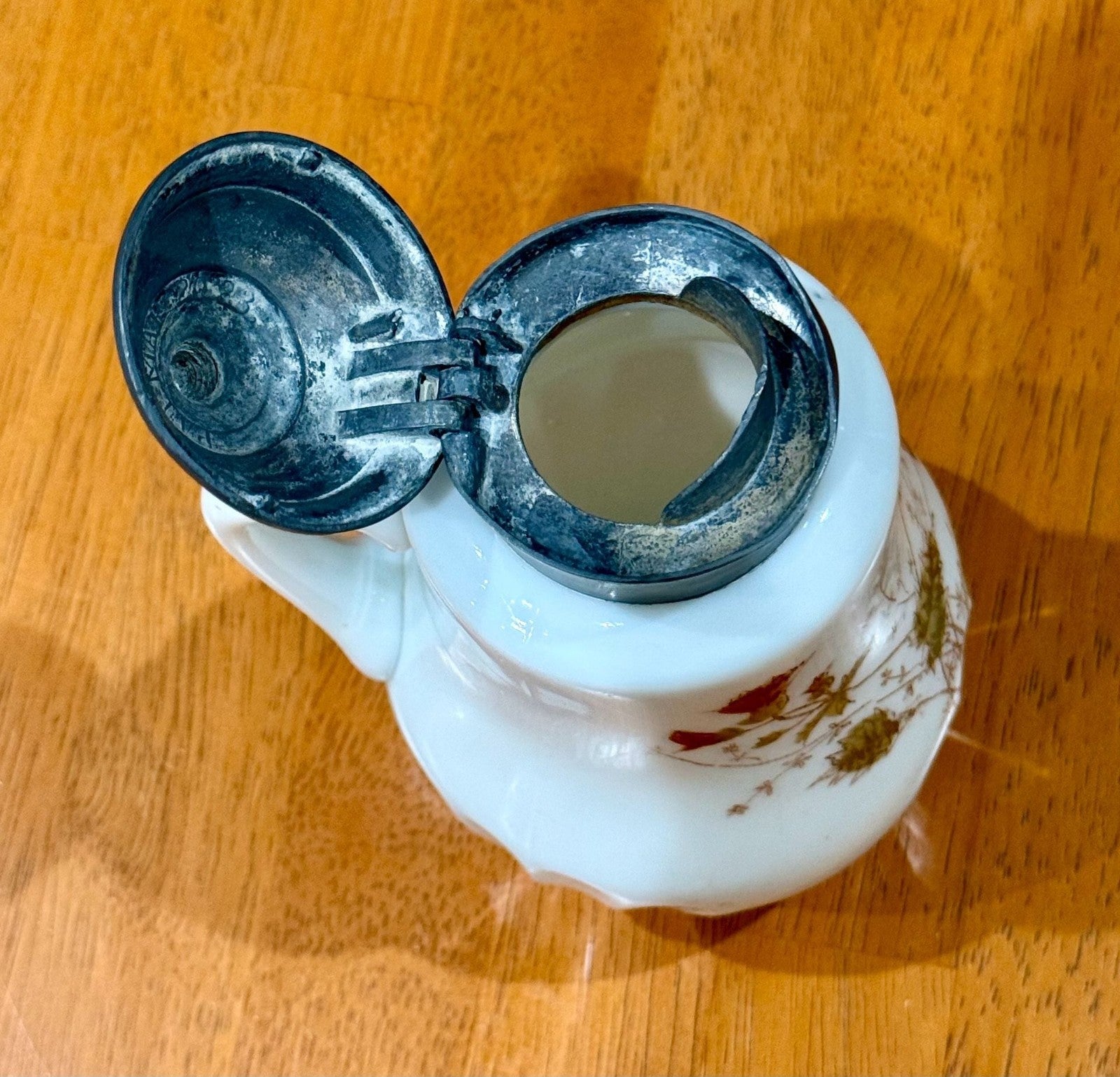 Vintage Milk Glass Floral Pattern Syrup Pitcher Hinged Metal Lid