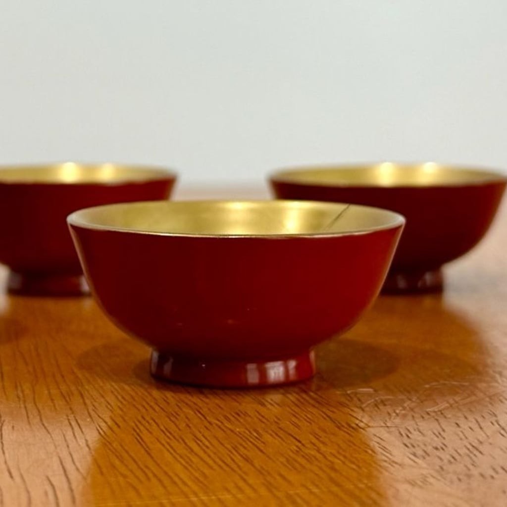 Vintage Japanese Seven Lucky Gods Lacquerware Sake Cup Set of 5