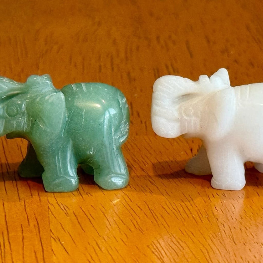 Set of 5 Vintage Hand Carved Gemstone and Quartz Elephant Figurines