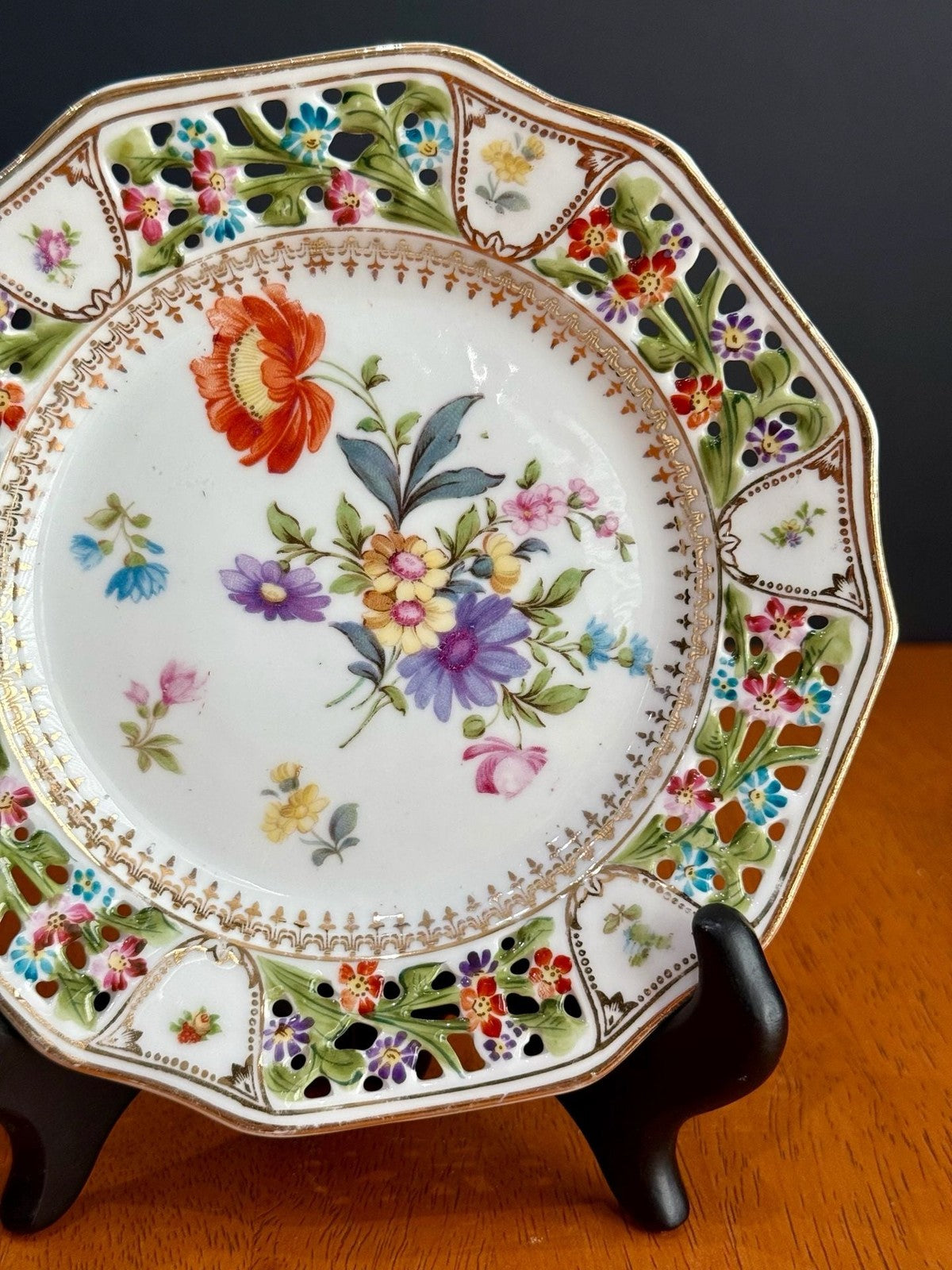 RW Bavaria Porcelain Reticulated Plate Hand-Painted Dresden Floral Design
