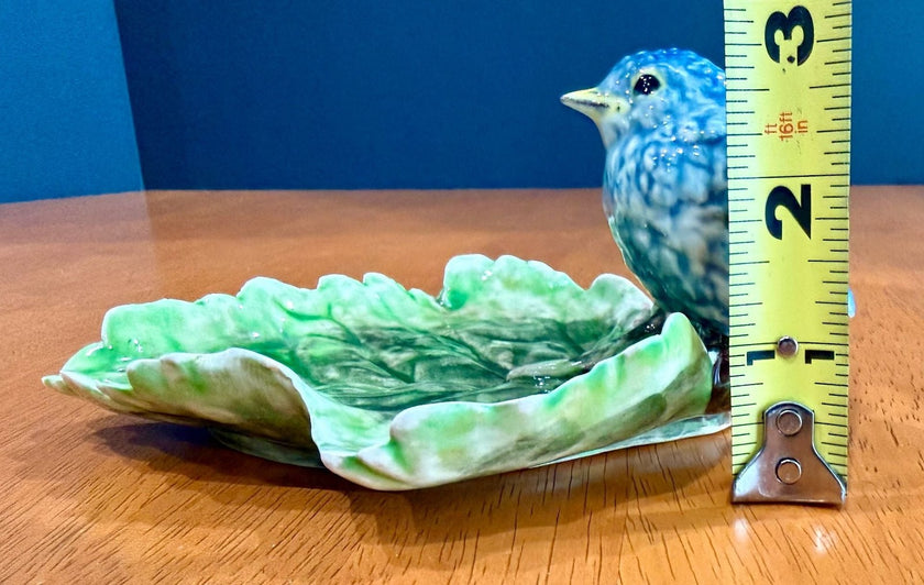 Vintage Freeman-Leidy Laguna Beach CA Majolica Green Leaf Trinket Dish Blue Bird