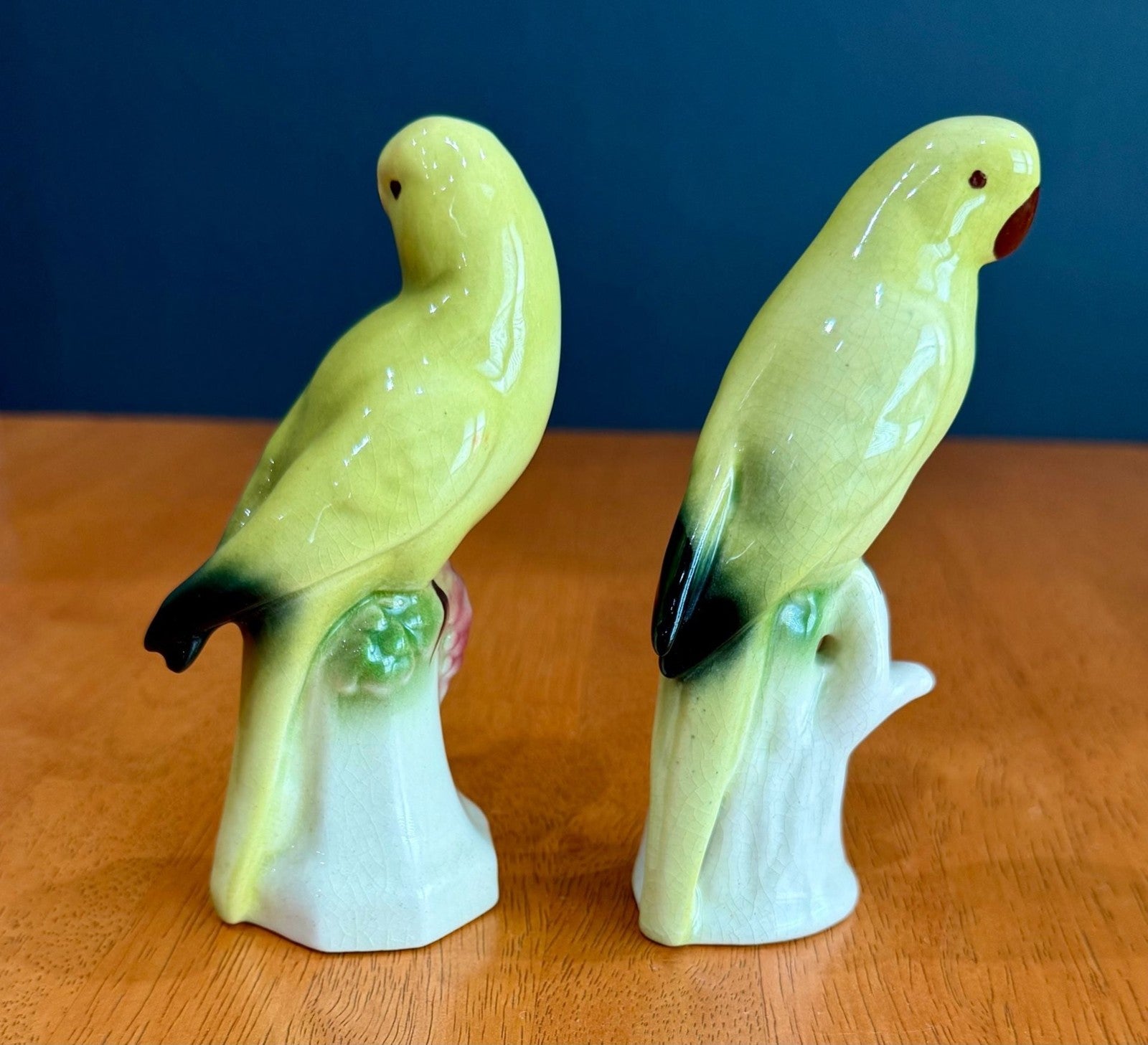 Vintage Set of 2 Yellow Parakeet Birds on Perches Ceramic Figurines