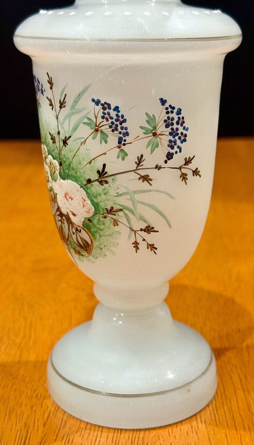 Vintage Victorian Bristol White Opaline Hand-Painted Floral Glass Vase