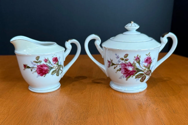 Vintage Fine China Made in Japan Moss Rose Creamer with Sugar Bowl & Lid Set