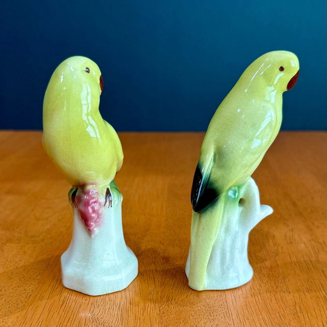 Vintage Set of 2 Yellow Parakeet Birds on Perches Ceramic Figurines