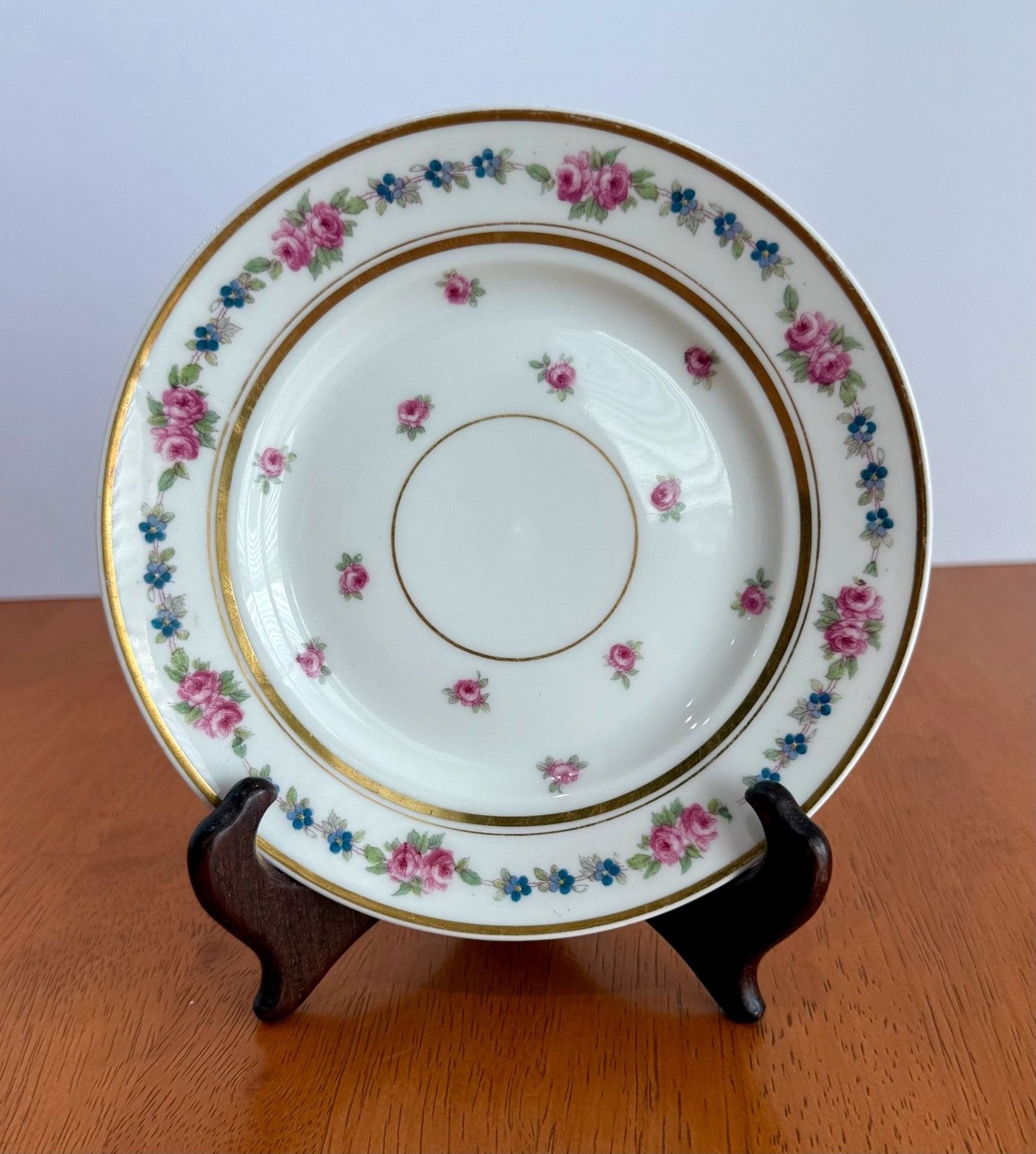 Antique D&C Limoges France Porcelain Saucer Pink Rose Blue Flower Garland